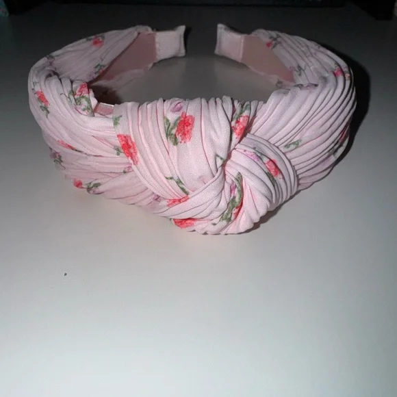 Floral Pink Pleated Knot Headband | Coquette Cottagecore Feminine Hair Accessory - Picture 3 of 6